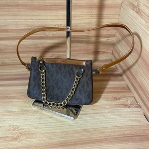 Michael Kors Women's Signature Print Pull Chain Synthetic Leather Belt Bag Brown